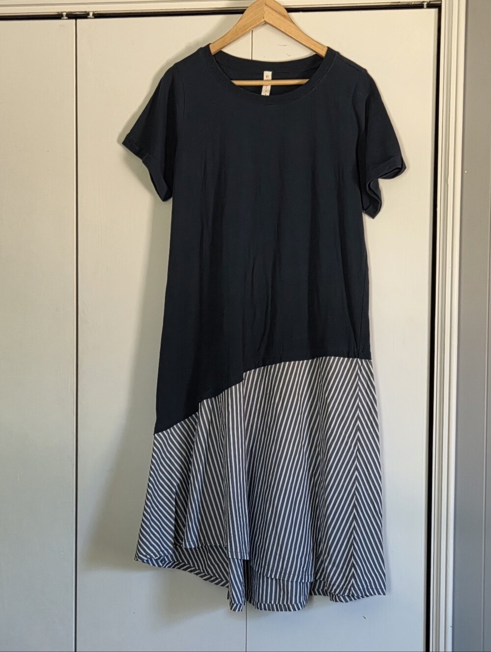 Anthropologie Navy and White Diagonal-Panel Asymmetrical Dress